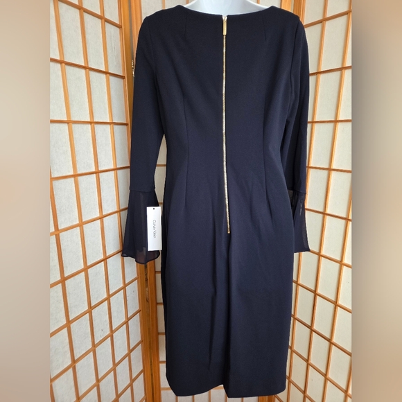 NWT CALVIN KLEIN INDIGO BLUE POLYESTER SHEATH LONG SLEEVES EVENING DRESS SIZE 8 - Picture 2 of 5